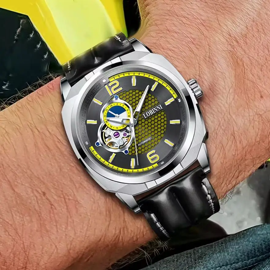 LOBINNI Men Automatic Watch 43mm Square Mechanical Wristwatch Waterproof Skeleton Sapphire Mirror 24 Hours Miyota Mov
