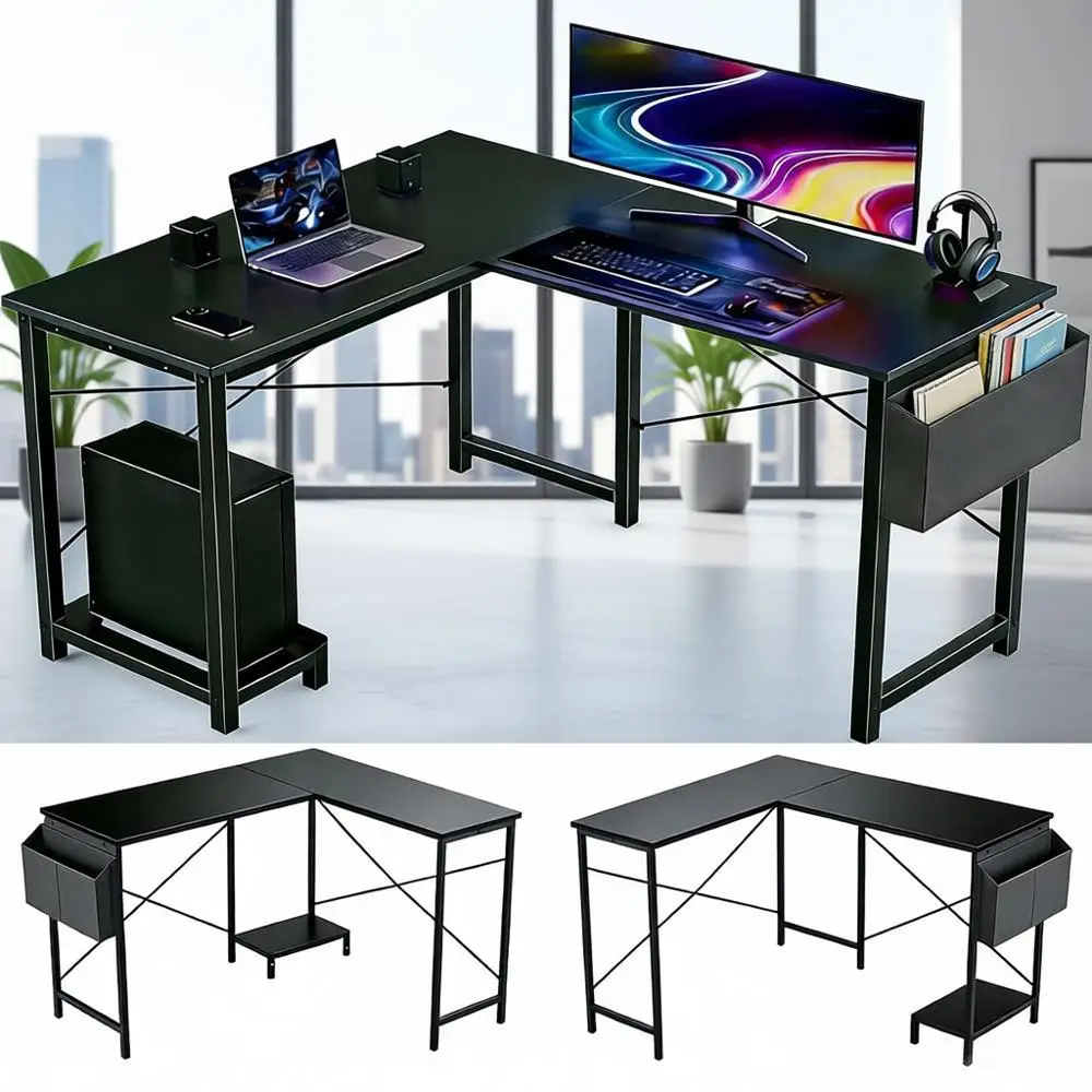 

50-дюймовый угловой стол с двусторонней поверхностью и местом для хранения, прочная металлическая рабочая станция для ПК для игр и домашнего офиса