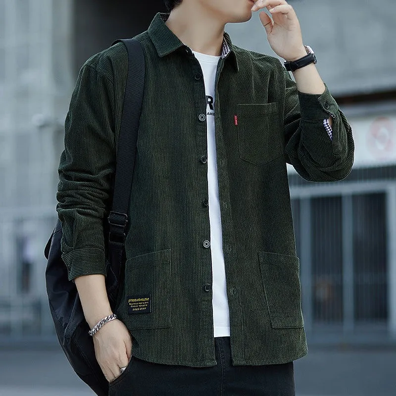

Corduroy Long Sve Casual irt Men's Spring Autumn New Sle Loose Fit Cool Japanese Retro irt Cotton Polyester Blend