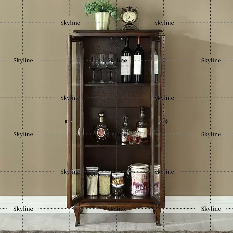 Solid Wood Wine Display Cabinet, Small European Style Wall Shelf with Glass Door