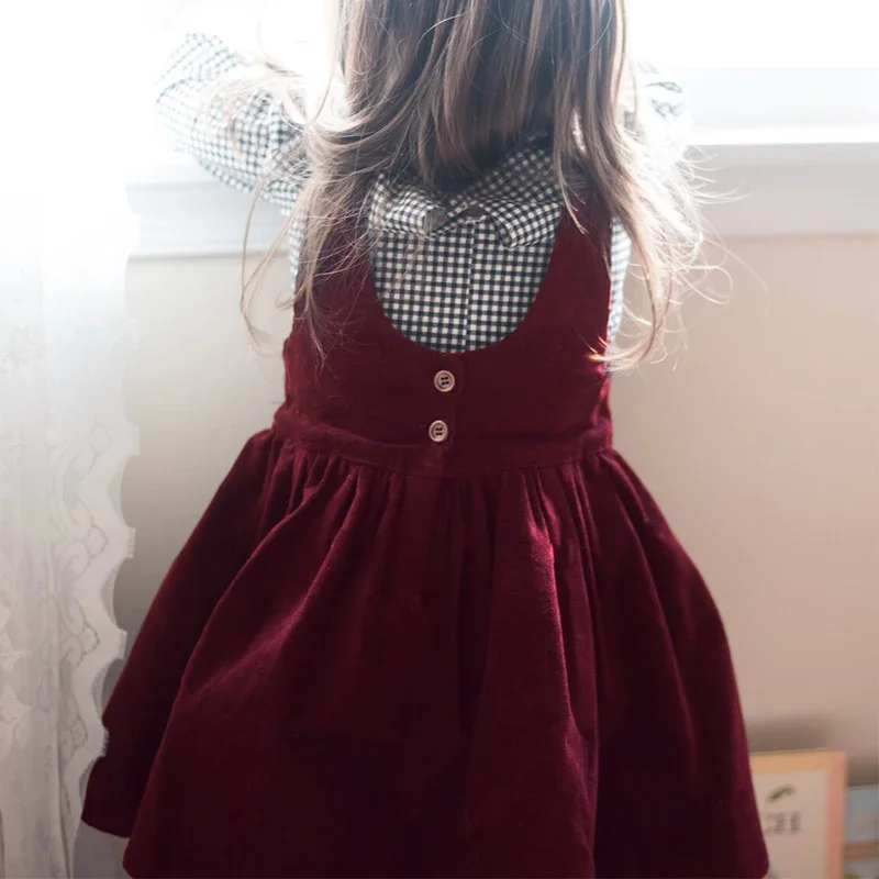 Girls Retro Red U Collar Corduroy Princess Dresses 2024 Autumn And Winter New Baby Girl A-Line Suspenders Dress Kids Clothing