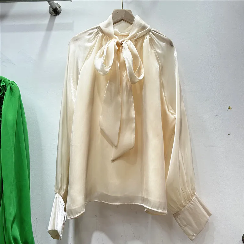 French Women's Blouse Organza Lantern Sleeve Bow Lace Up Loose Shirts Spring and Summer Solid Color Office Lady Commute