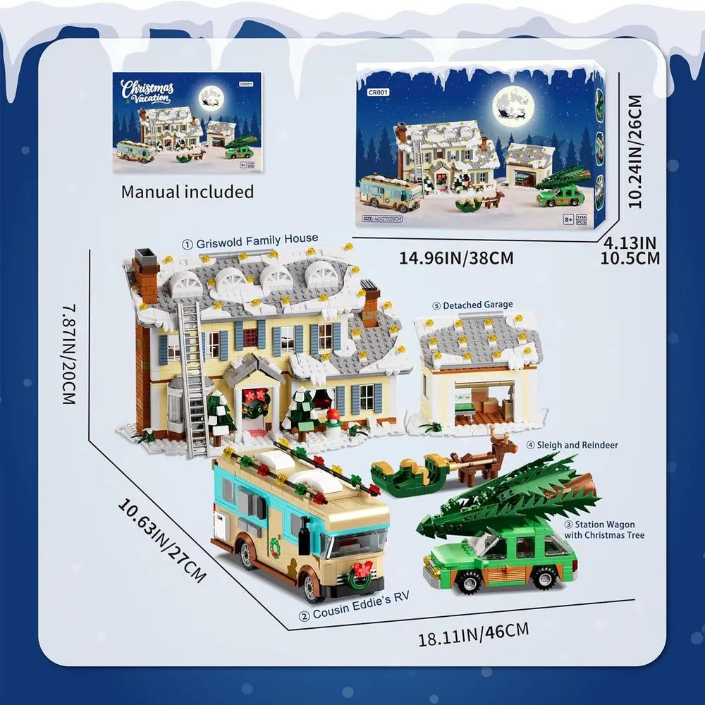 5-in-1 Christmas Village Building Kit with LED Lights, 1958 Pieces, Toy Blocks for Ages 8+