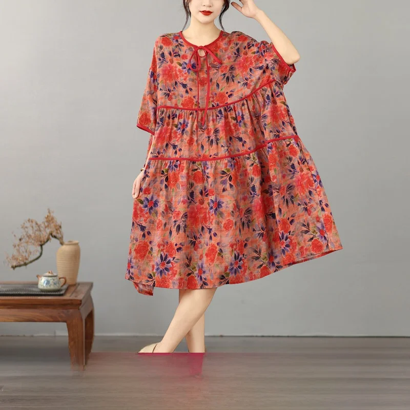 

Новое летнее платье больших размеров из хлопка и льна с принтом, с воротником и завязками, свободного кроя, элегантное, стройнящее, универсальное, в художественном стиле, с завышенной талией, А-силуэт, S...