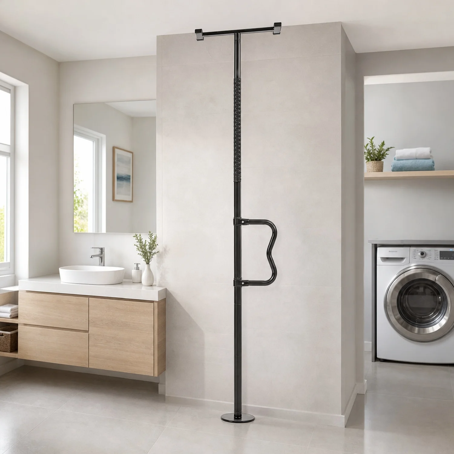Floor-to-Ceiling Transfer Pole, Tension Mounted Bathroom Grab Bar with Anti-Slip Curve Handle, 300 Lbs Capacity Security for