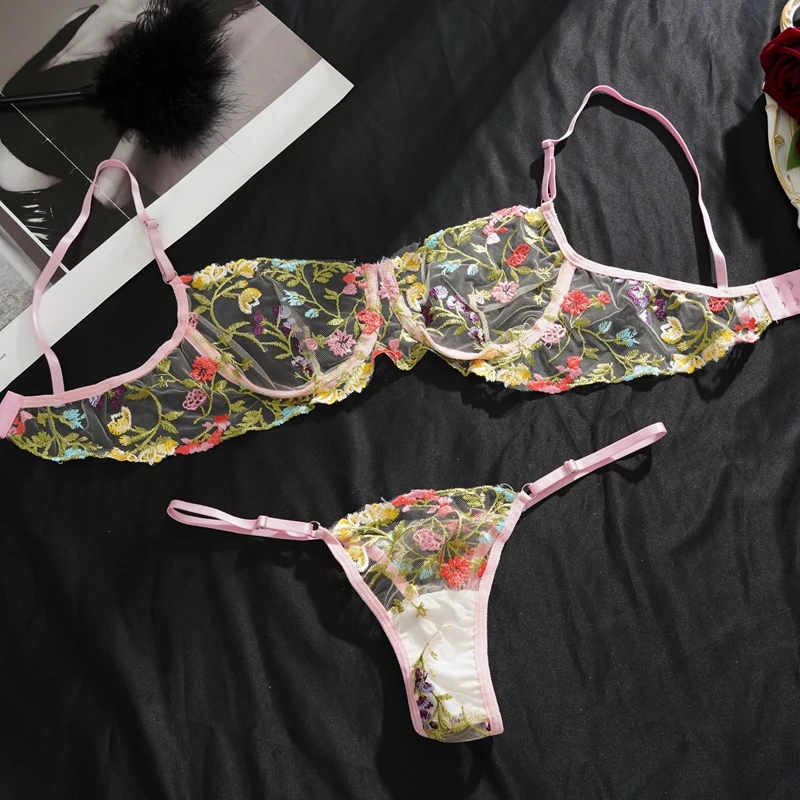 Sexy Lace Flower Bra Set Women Hollow Thin Transparent Lingerie Set Ultra-thin Pure Desire Underwear Bras Panty Set