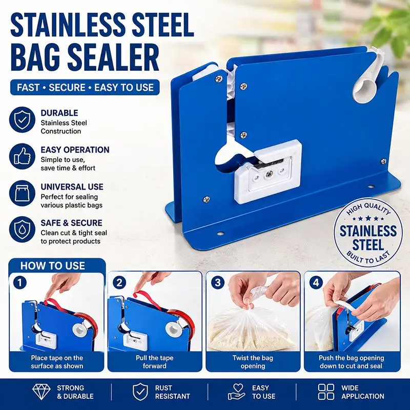 Bag Neck Sealer Tape Dispenser Poly Bag Packaging Sealer Bag Metal Sealer Machine Supermarket Store