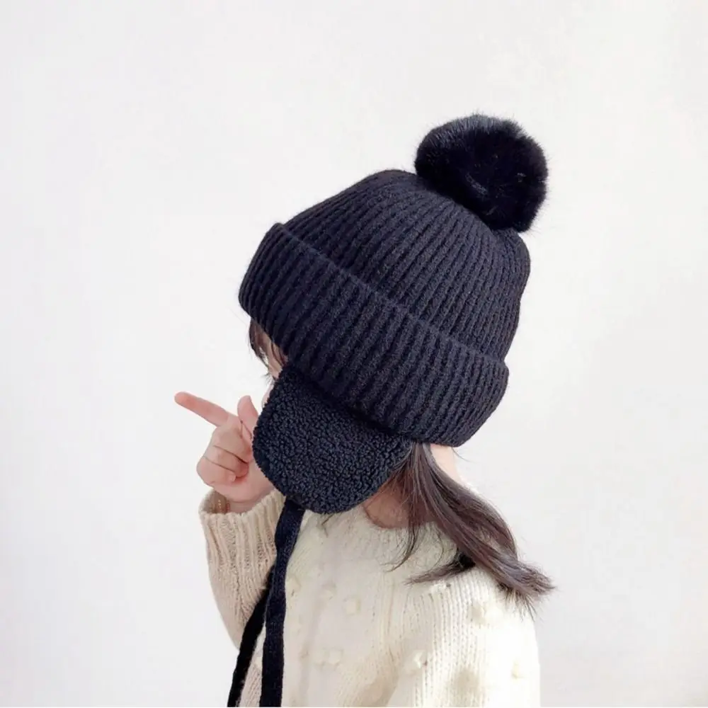 

Comfortable Plush Children Knitted Hat Cartoon Ear Protection Pompom Beanie with Earflap Cute Warm Wool Cap Outdoor