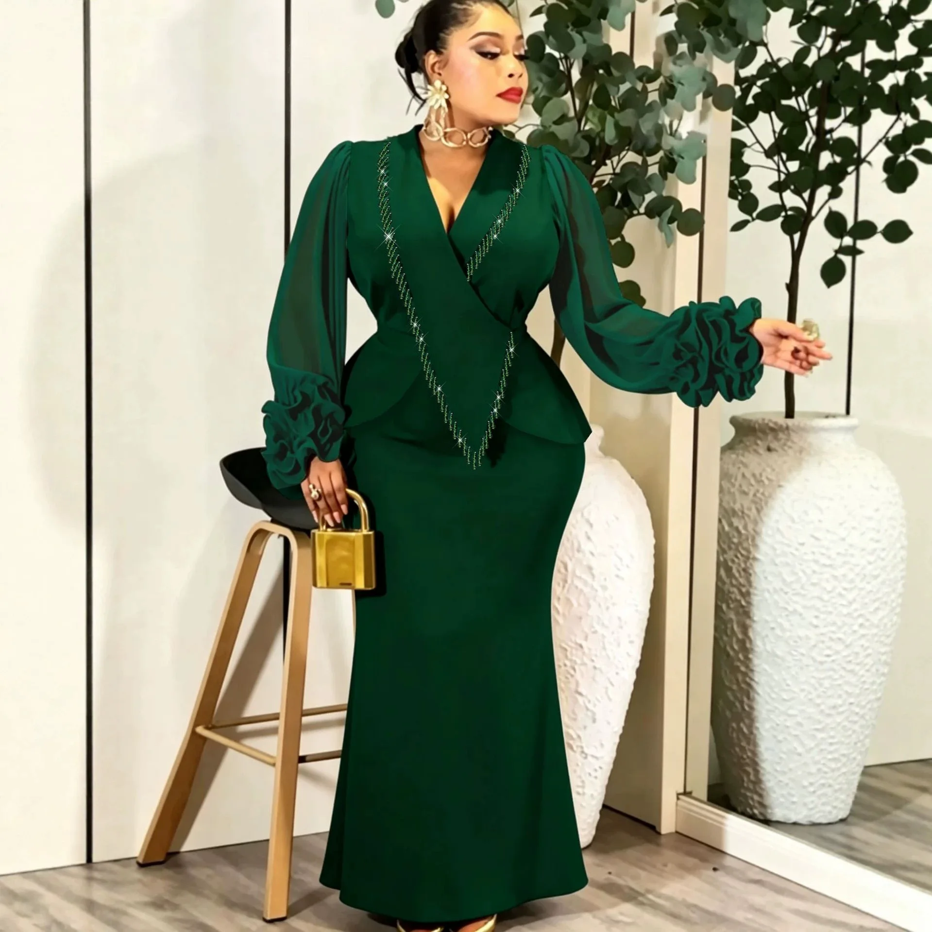

Plus-size Women's Orange V-neck Blazer Dress, Figure-flattering With Ruffled Bell Sleeves, Elegant Fishtail Slim-fit Long Y2K