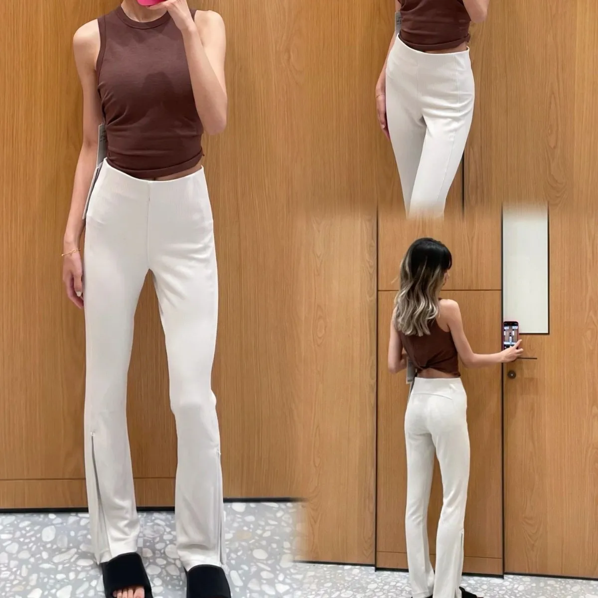 

Flannelette Zipper Flare Ribbed All-Over High-Waisted Side Slit Slim Yoga Pants