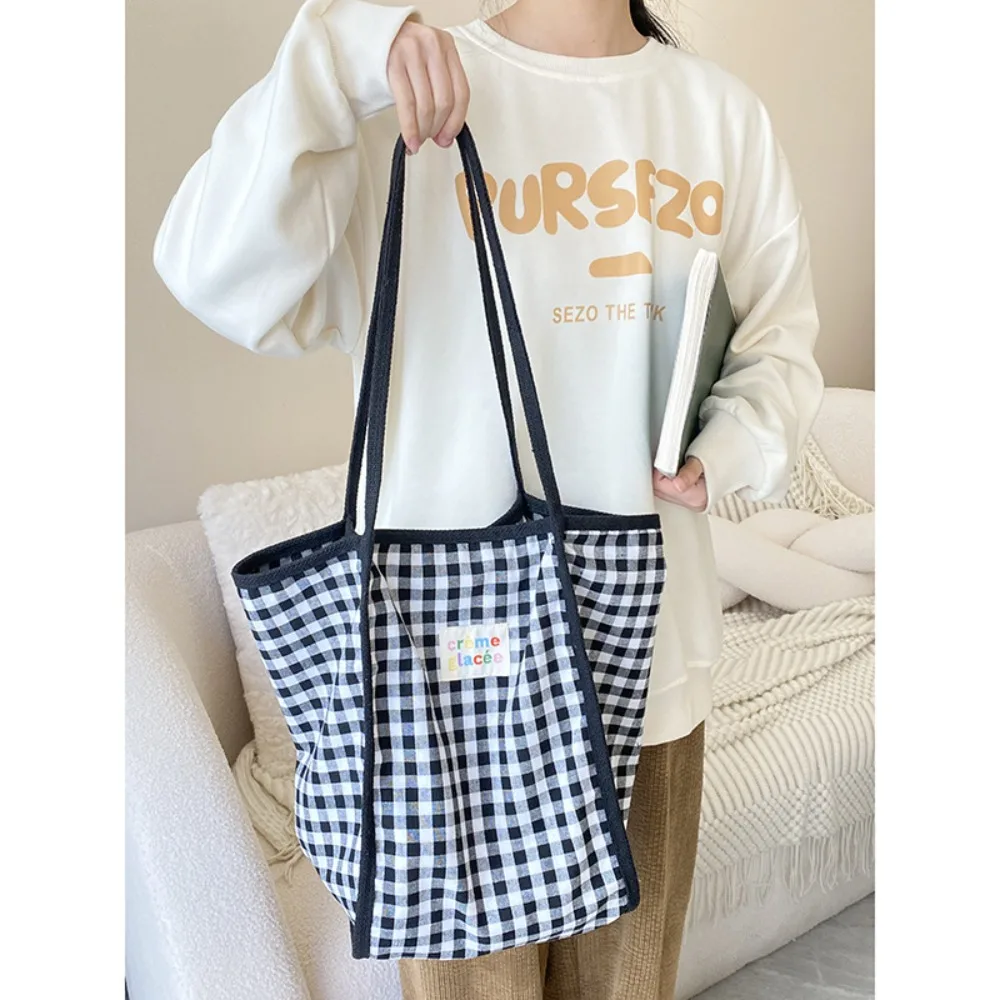 Women Canvas Shoulder Bag Red Plaid Books Daily Shopping Bags Students Bookbags Cotton Cloth Handbags Large Tote For Girls