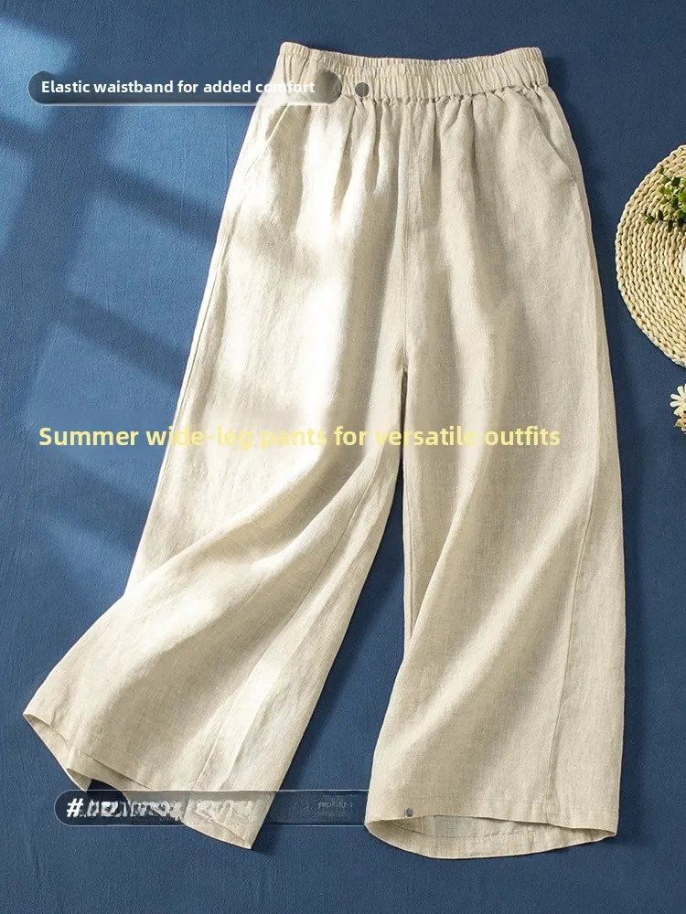 Taille haute jambe large coton lin pantalon femmes ample décontracté Yoga droit drapé sept neuf Points pantalon trajet Sle