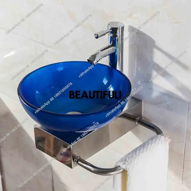 RR 31CM Round Wall-hung Sinks With Rack Tempered Glass Basin Bathroom Washbasin Mini Wall-mounted Countertop Sink With Faucet