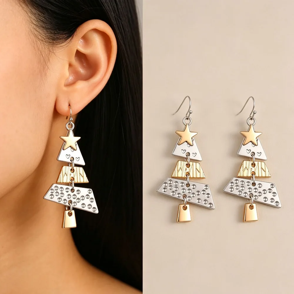 Christmas Tree Long Drop Earrings for Women, Hollow Star Tree Dangle Earrings, Punk Party Jewelry Gift