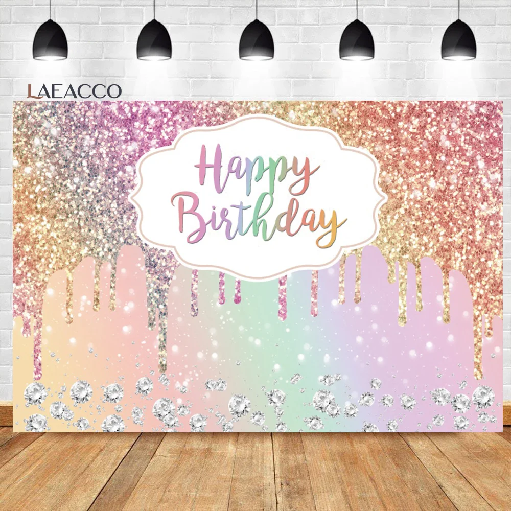 

Laeacco Happy Birthday Backdrop Sparkling Diamonds Glitter Tassel Girl Women Birthday Portrait Customized Photography Background