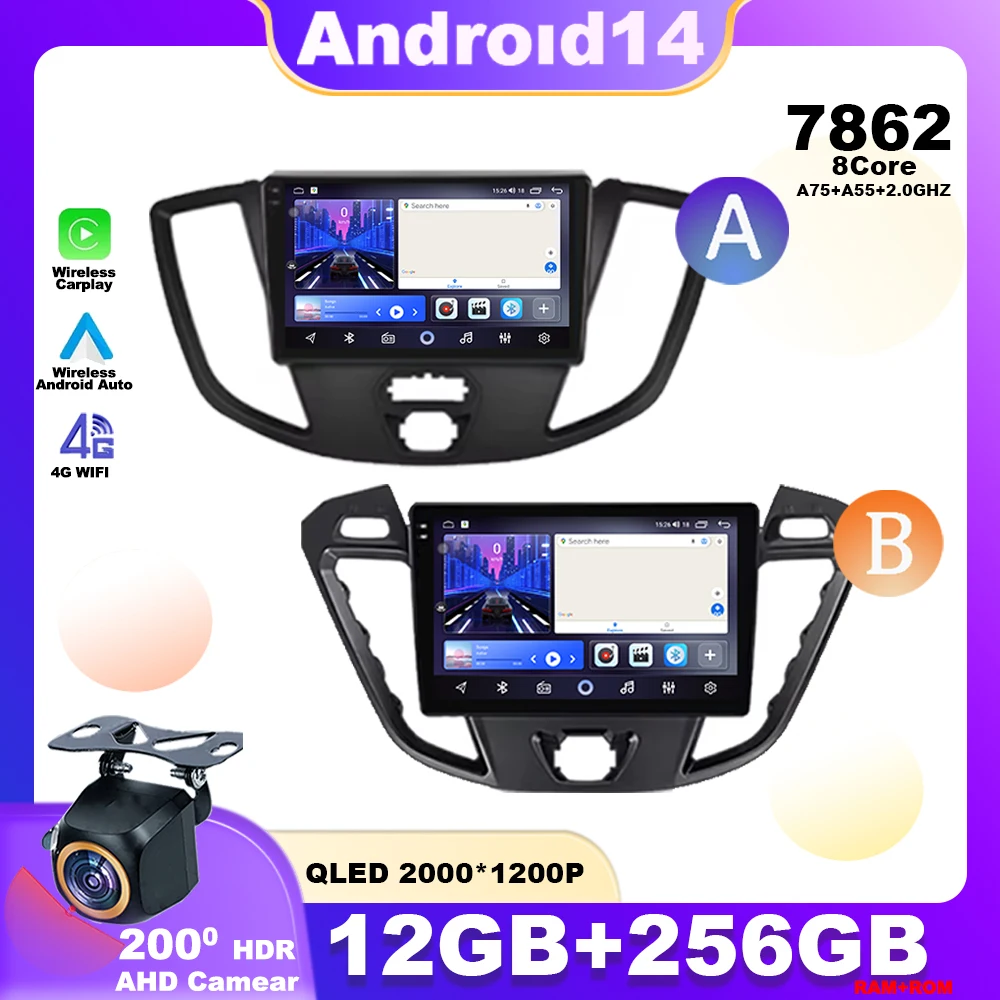 Android 14 For Ford Transit Tourneo Custom 2012 - 2021 Car Radio Multimedia Player Navigation GPS 4G WIFI Wireless Carplay QLED