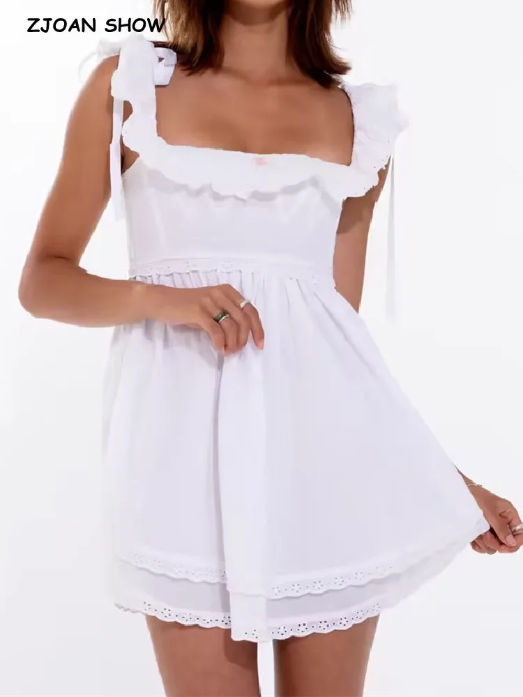 

Sexy White Spliced Embroidery Lace Square Collar Wood ears Strap Mini Dress Women Backless Lacing up Bow Back Short Robe Holiday