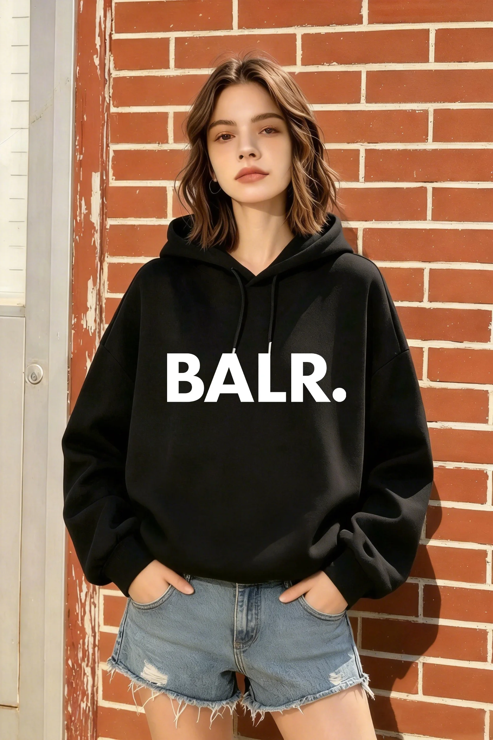 

Women's Autumn/Winter Black Oversized Hoodie, Minimalist BALR Letter Pattern, Fashionable & Versatile Casual Style