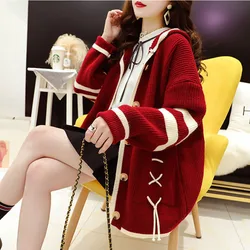 Korean Female Hooded Knitting Cardigan Jacket Retro Lazy Wind Women Loose Fit Sweater Outerwear Spring Autumn Lady Knitwear Coat