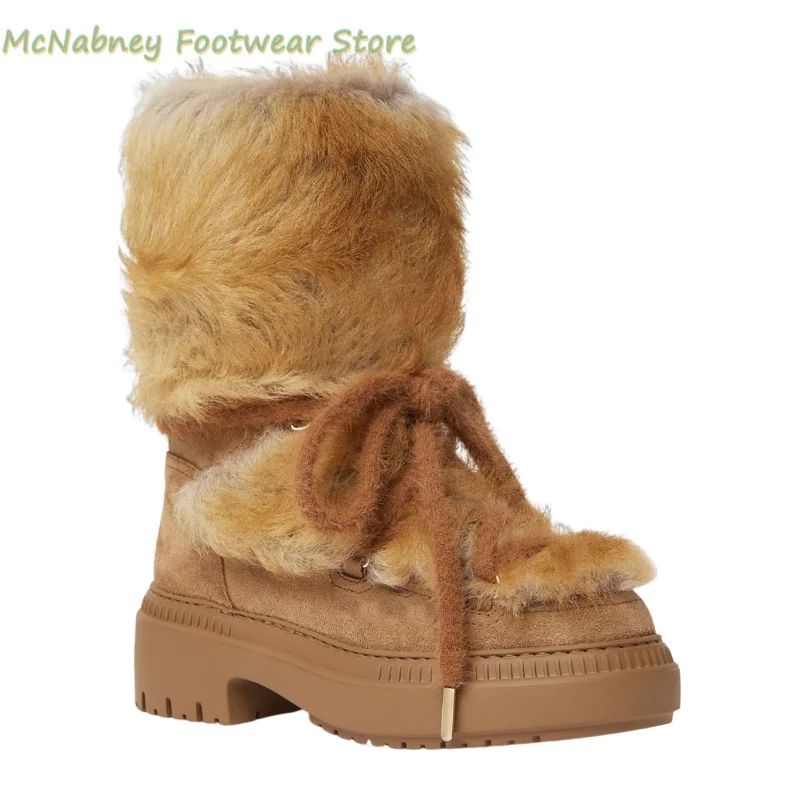 

Winter Thick Sole Snow Boots Round Head Brown Plush Ankle Boots Thickened And Warm Lace Up Boots Luxury Women's Boots Anti-Slip