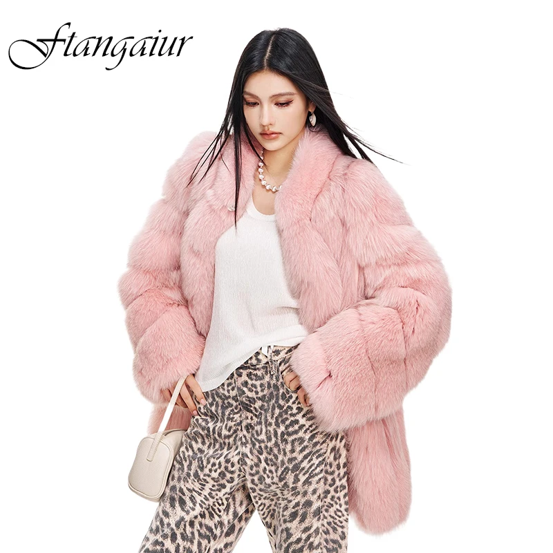 Ftangaiur ผู้หญิงฤดูหนาวนําเข้า Fox ขนสัตว์เสื้อแขนยาวหญิง Fox เสื้อขนาดกลางครึ่ง Turn-Down COLLAR ธรรมชาติ Fox ขนสัตว์เสื้อ