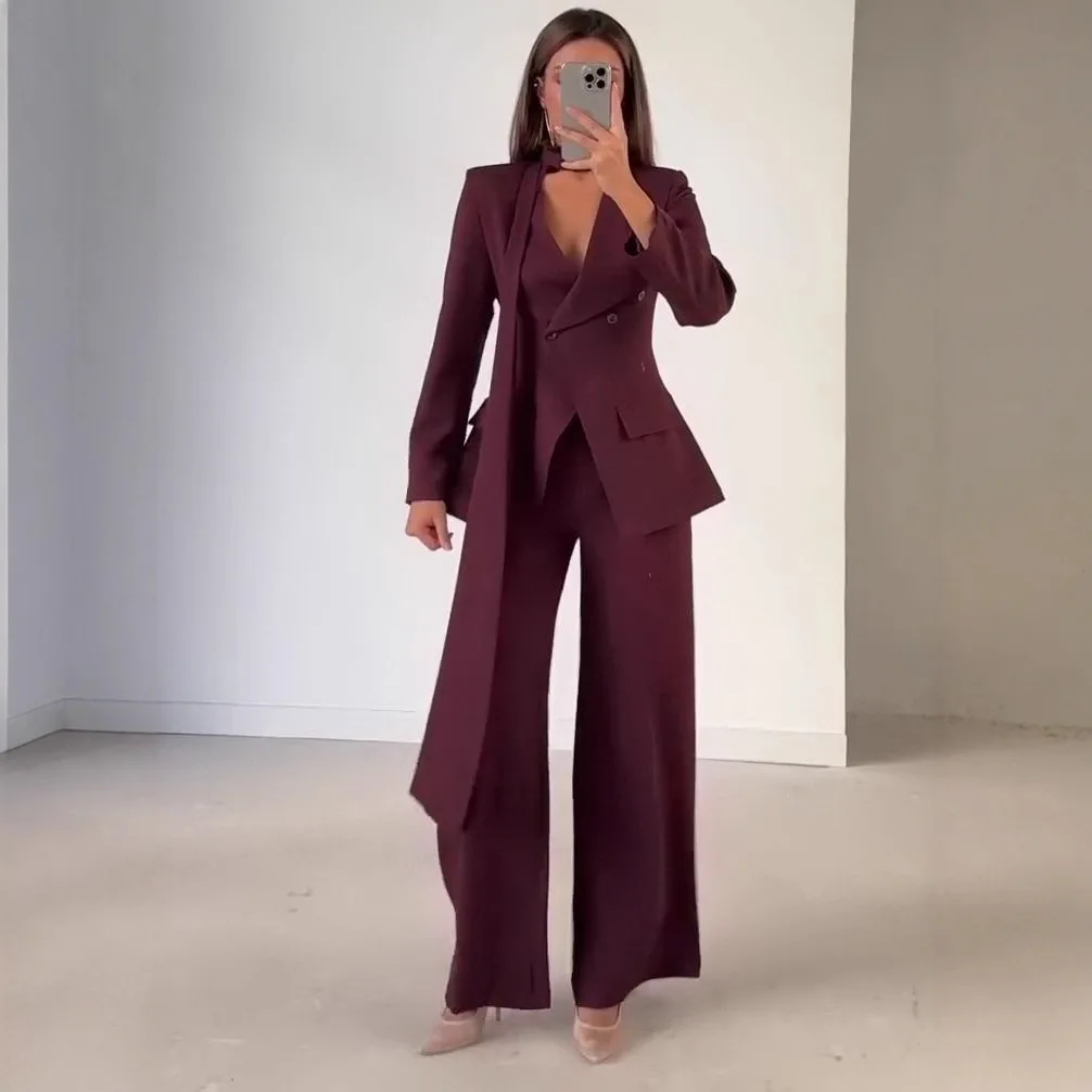 

Осень 2025 г., новый пиджак с v-образным вырезом и длинными рукавами, широкие прямые брюки, женский офисный комплект для поездок на работу, доступны несколько цветов