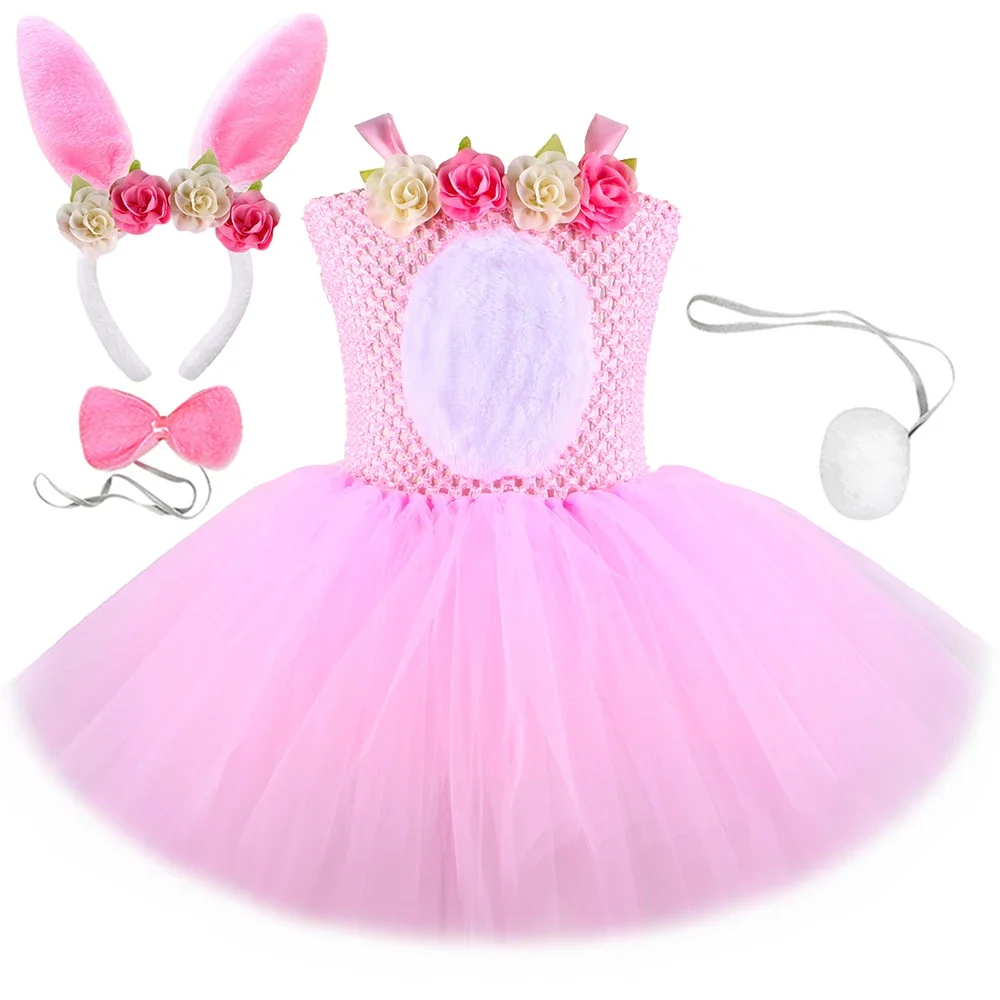 Girls Pink Rabbit Tutu Dress Easter Bunny Costume Kids Birthday Party Tulle Princess Dress for Halloween Animal Dress Up Clothes