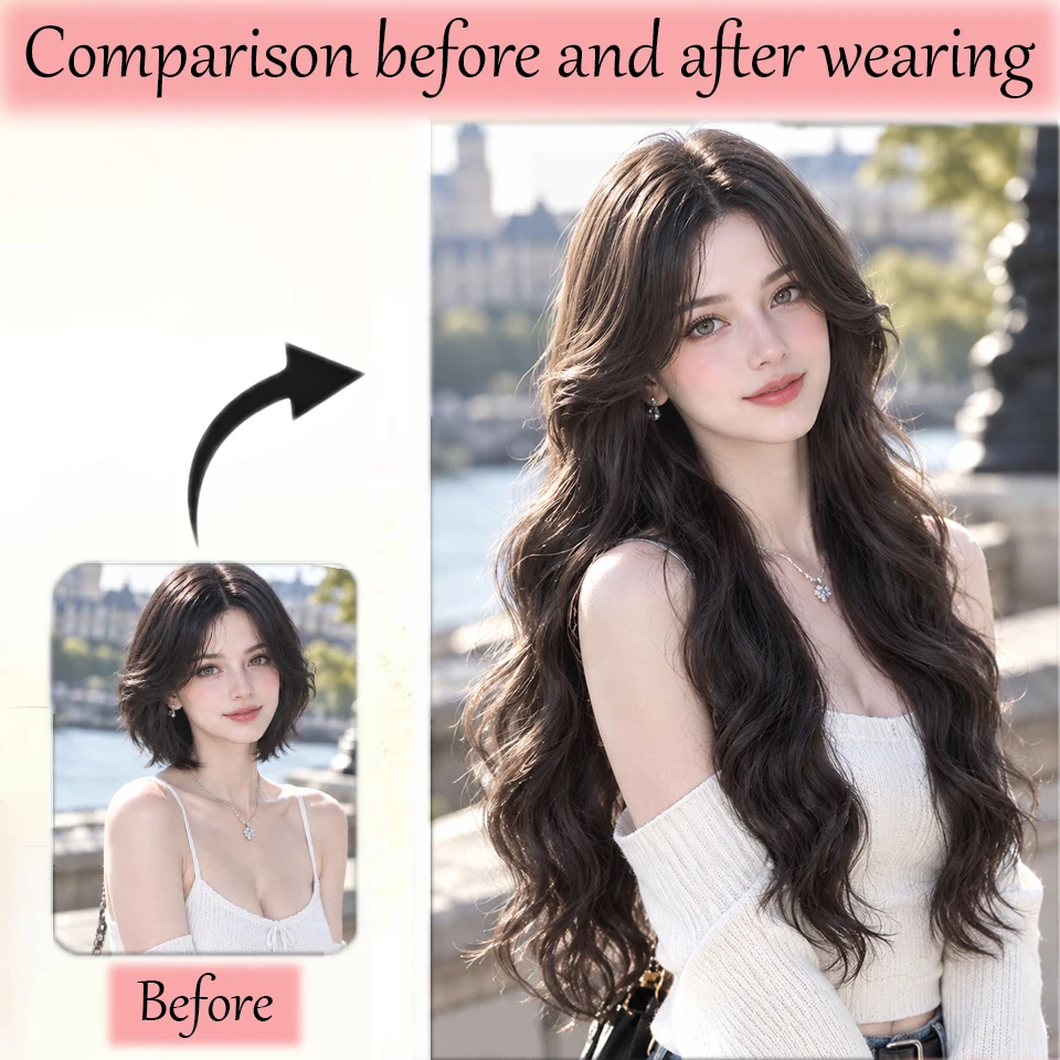 26 Inch Black Brown Long Waves Curly Synthetic Topper Clip In Hair Extensions With Bangs For Women Daily Party Vacation Festival