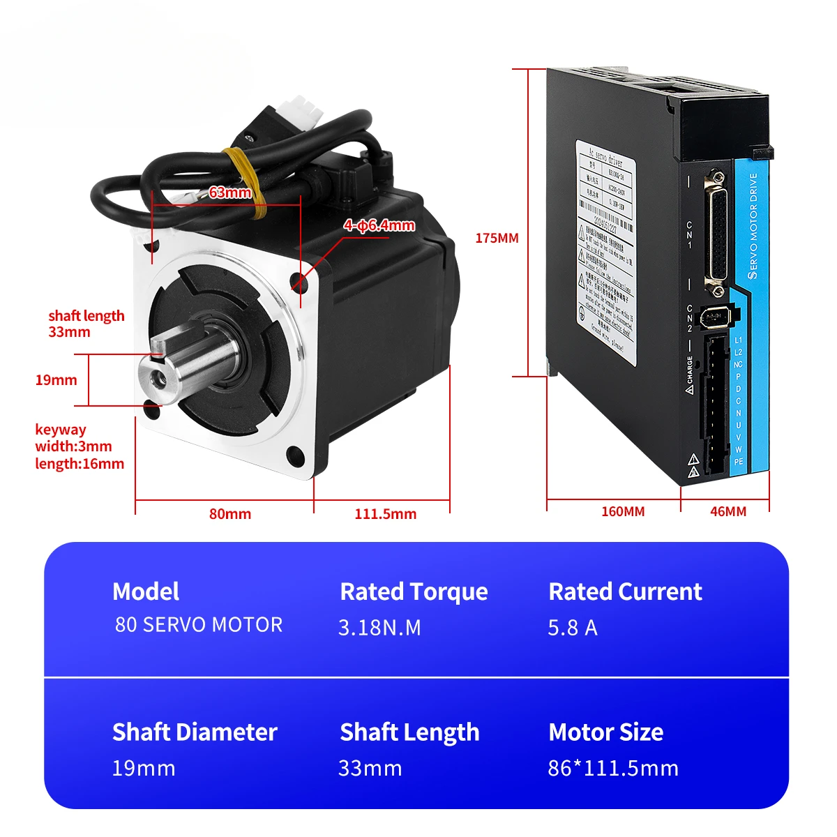 2.39N.m 3000RPM 400W 750W 1000W AC Servo Motor Industrial with Driver Controller CNC Kit for Sale