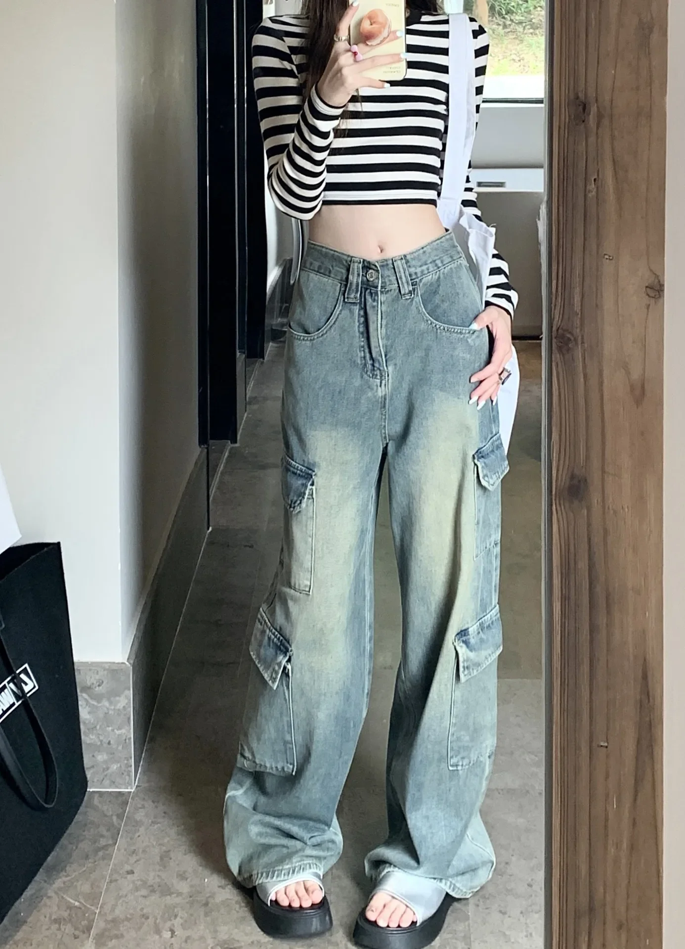 

Осенние женские мешковатые джинсы-карго в стиле Харадзюку, винтажная уличная одежда, хип-хоп, оверсайз, повседневные широкие джинсовые брюки, свободные брюки Y2k