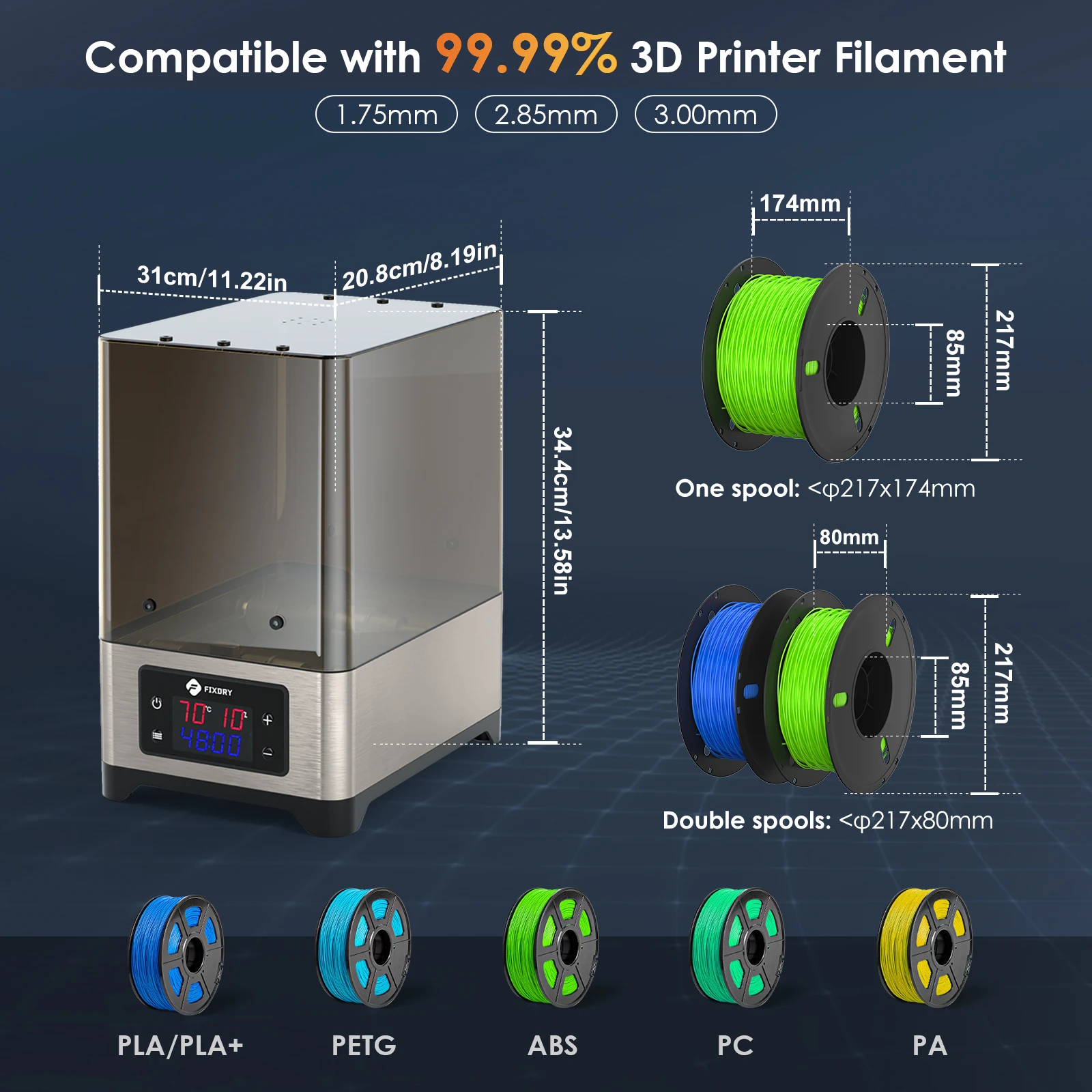 FIXDRY 3KG Filament Dryer 2 Spools Large Capacity Filament Dehydrator Storage Box 360° Surrounding Heating 70℃ Humidity Monitor