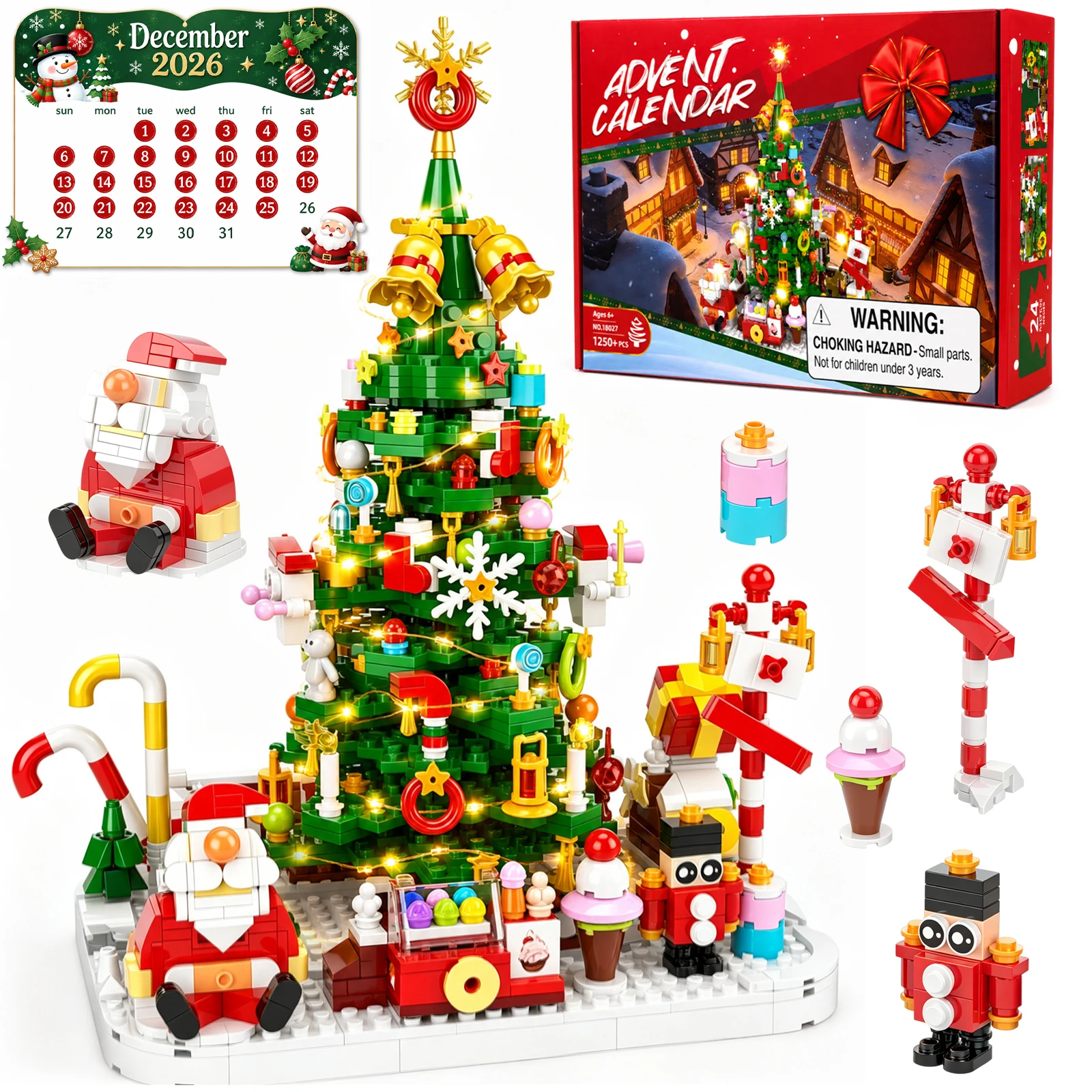 Calendario dell'Avvento 2026 con Scatola Regalo e Luce LED, Albero di Natale e Babbo Natale, Calendario Conto alla Rovescia 24 Giorni, Regali di Natale e Capodanno