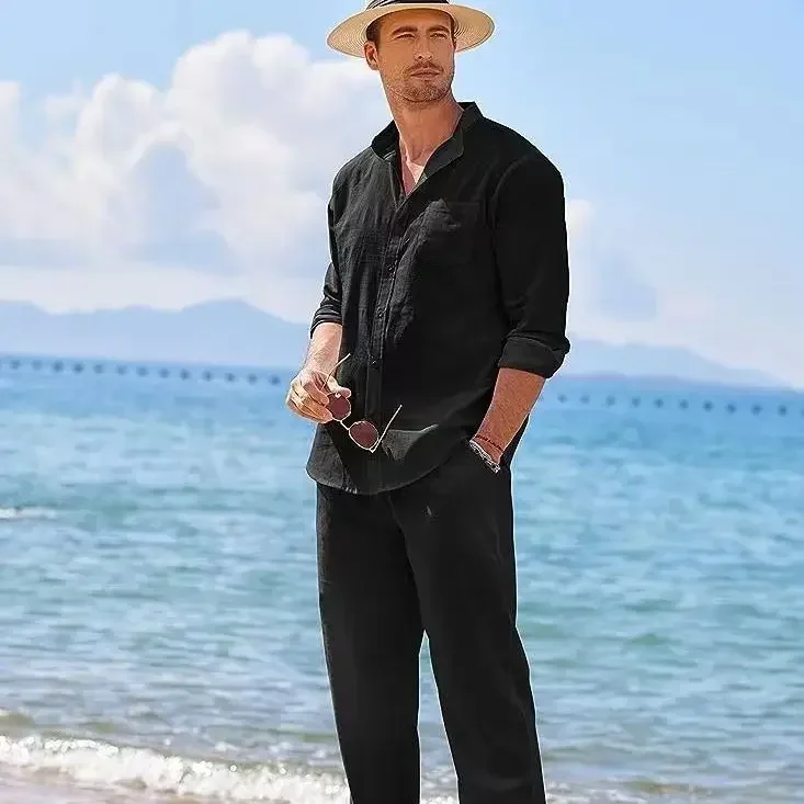 Pant Set Men Two Piece Sets Casual Loose Full Sleeve Single Breasted V Neck Shirt Tops High Waist Long Pants Solid Regular 2024