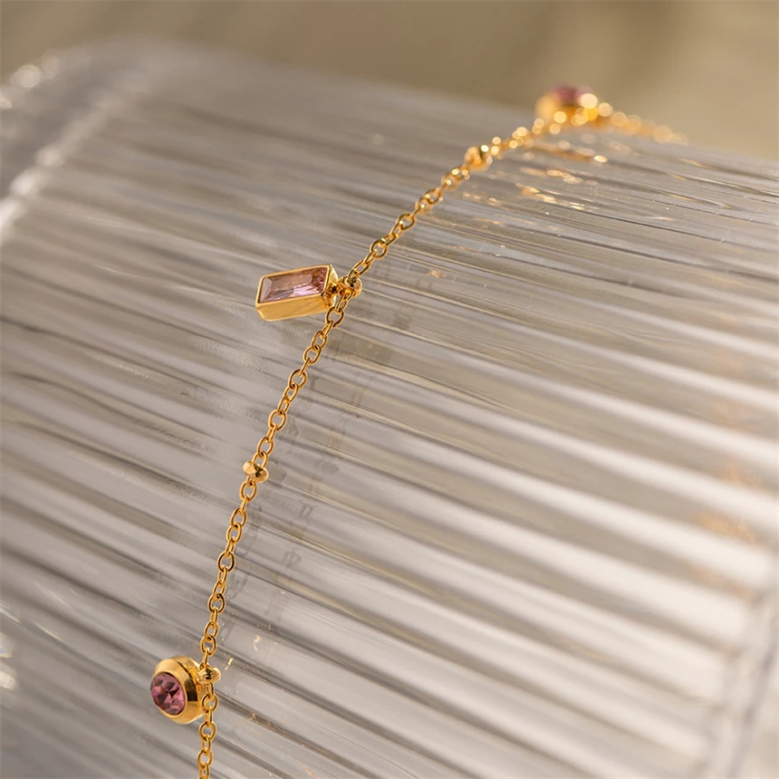 316L Stainless Steel Simplicity Pink Zircon Geometry Pendant Clavicular Chain Necklaces Bracelet Fashion High Jewelry Party Gift