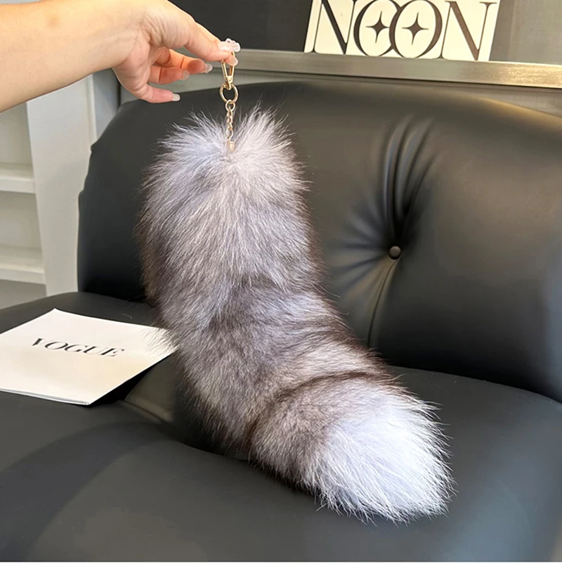 New Real Fox Fur Tail Large Long Natural Fur tail Keychain Pendant Cosplay tail Cute Wolf Fox Tail Fur Car Keychains For Women