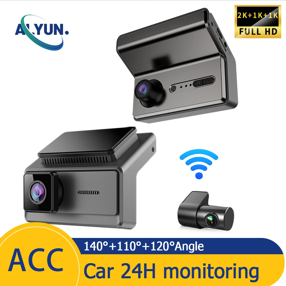 

3cameras Car DVR Dash Cam 2K WIFI Parking monitor Auto Mobile APP LCD 1440P night vision front inside rear big angle