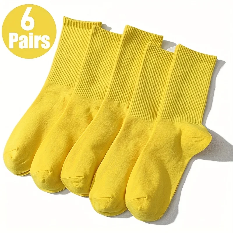 6 Pairs of Spring/Summer New Breathable, Sweat-Absorbent, Easy, Solid Color, Versatile Yellow  Color  Unisex Mid-Tube Socks