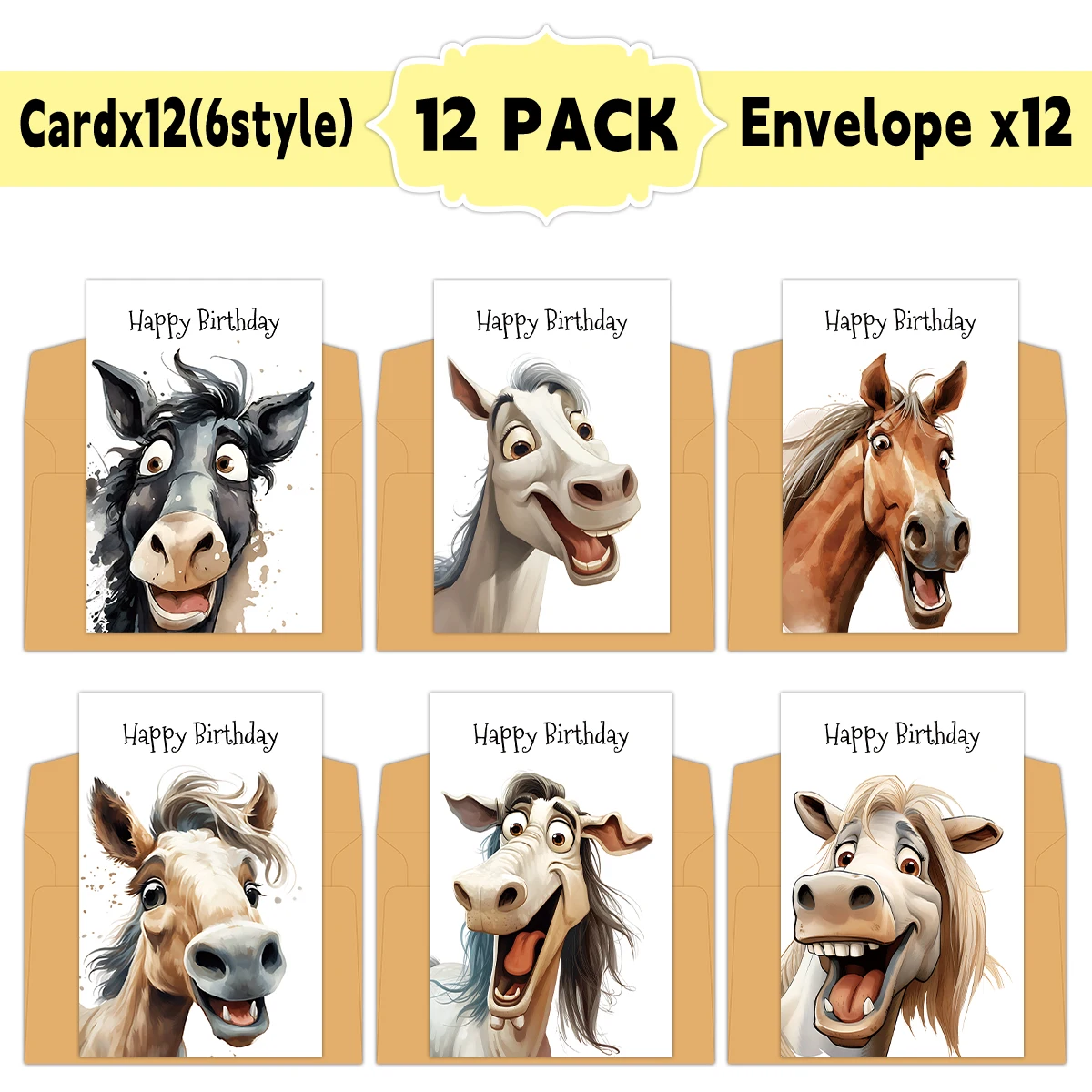 12 Stück seltsame Pferdegesichts-Design-Geburtstagsgrußkarten mit Umschlägen, leere Seite für alles Gute zum Geburtstagswünsche, einzigartiges Dankesgeschenk