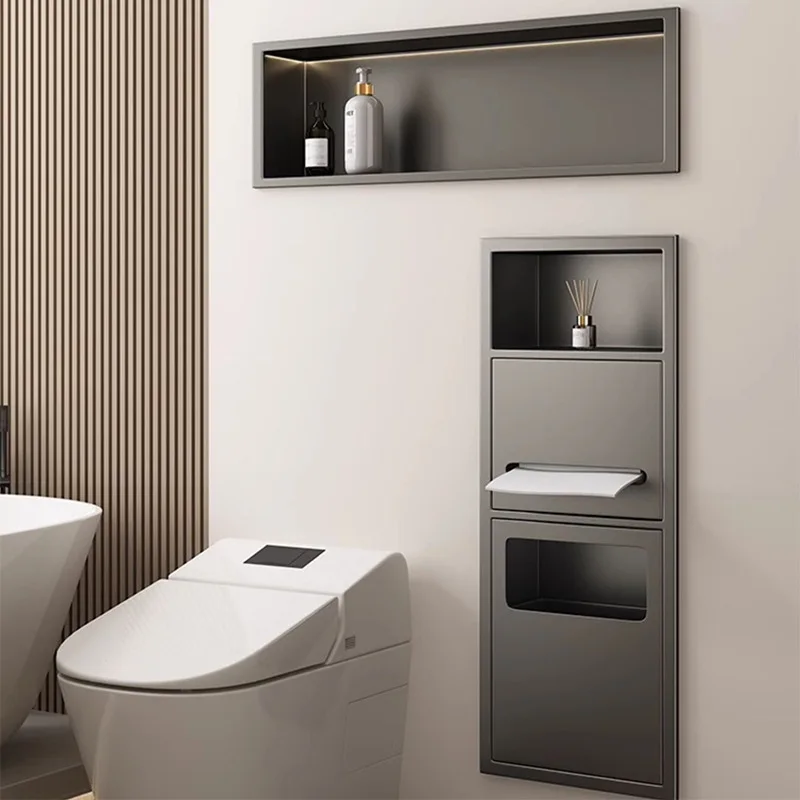 304 stainless steel toilet bathroom embedded trash can in niche tissue rack wall-mounted