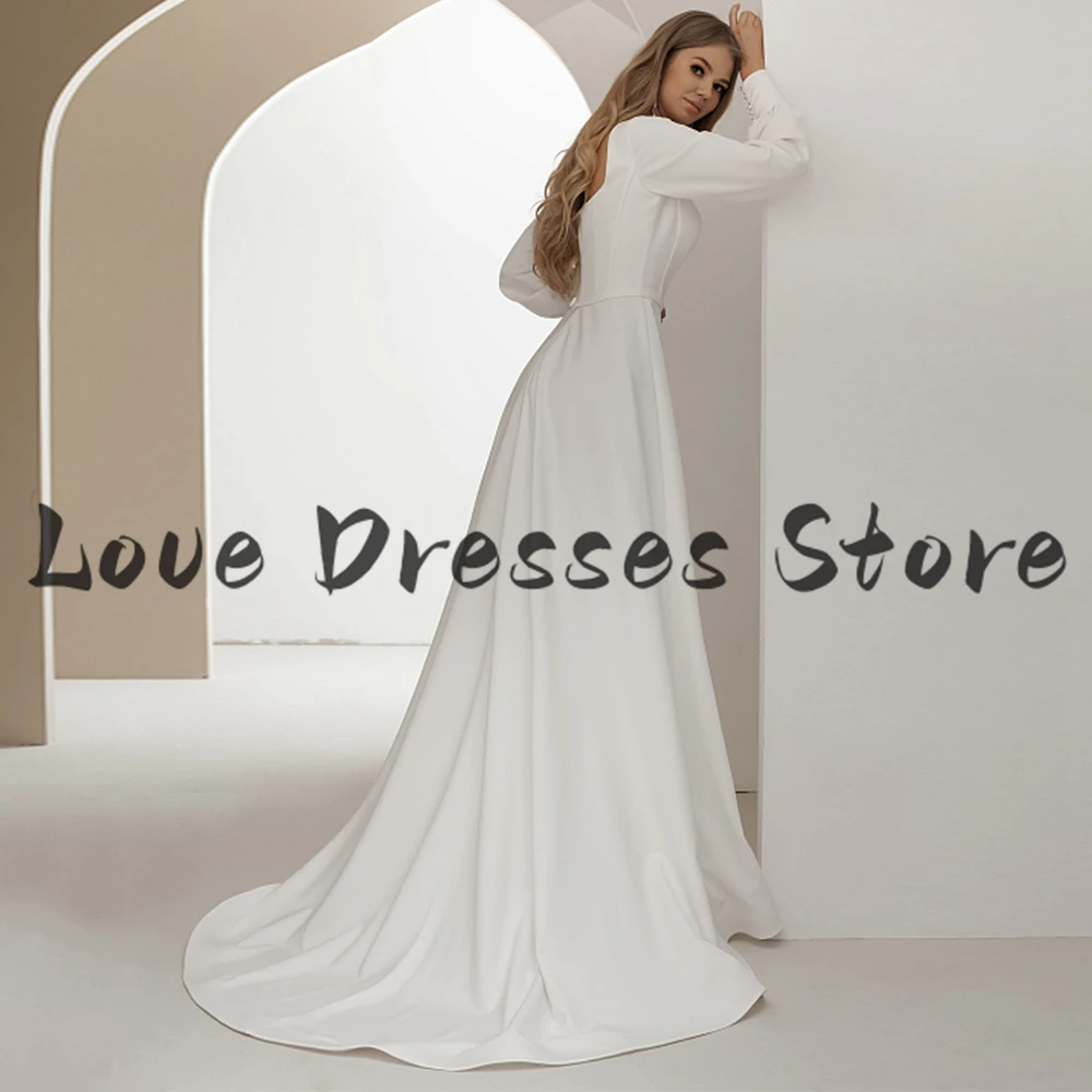 

Pure Ivory A-line Simple Wedding Dress Customized Ladies Jersey Square Neck Long Sleeves Court Train Zipper Back Bridal Gowns