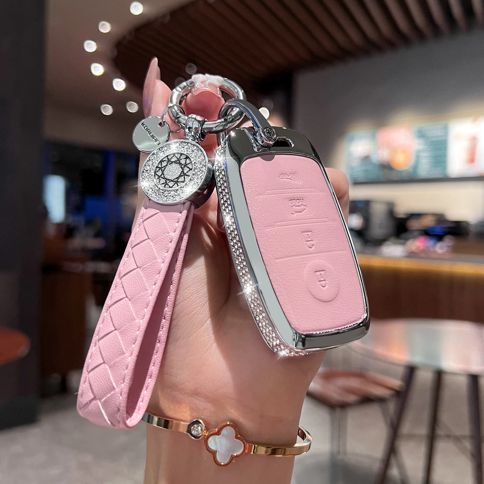 Key Fob Cover for Kia NIRO Forte Optima Sorento Rio Soul Sportage, Pink Genuine Leather Crystal Car Keys Shells Cases 4 Button F