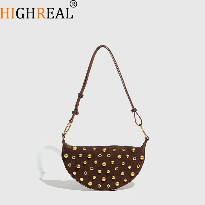 

Vintage Slim Faux Suede Crescent Bags For Women Luxury Designer Handbags Purses New In Rivet Hollow Small Underarm Shoulder