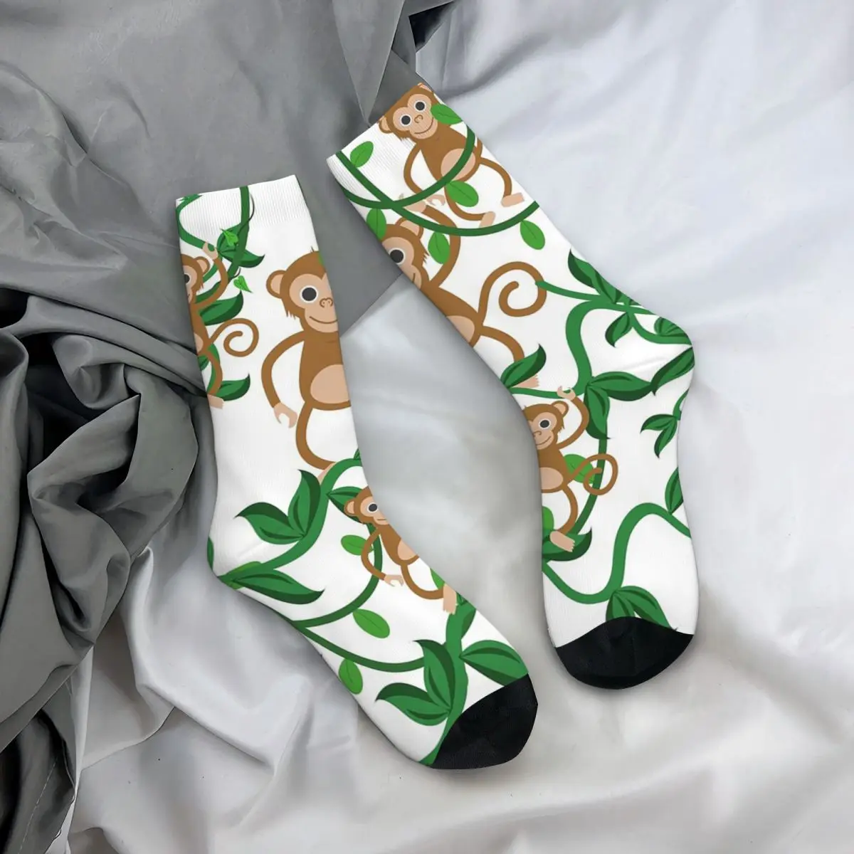 All Seasons Crew Stockings Cartoon Monkey With Leaves Pattern Socks Funny Long Socks for Men Women Valentine's Day Gifts