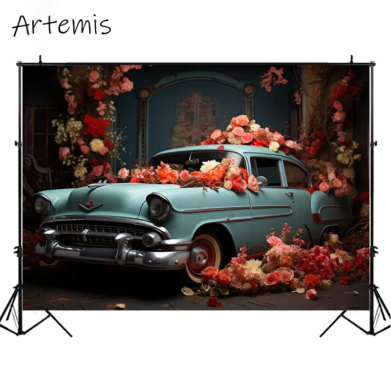 Cake Smash Photography Backdrop Vintage Car Floral Arrangement Industrial Light Red Birthday Portrait Background Photo Studio