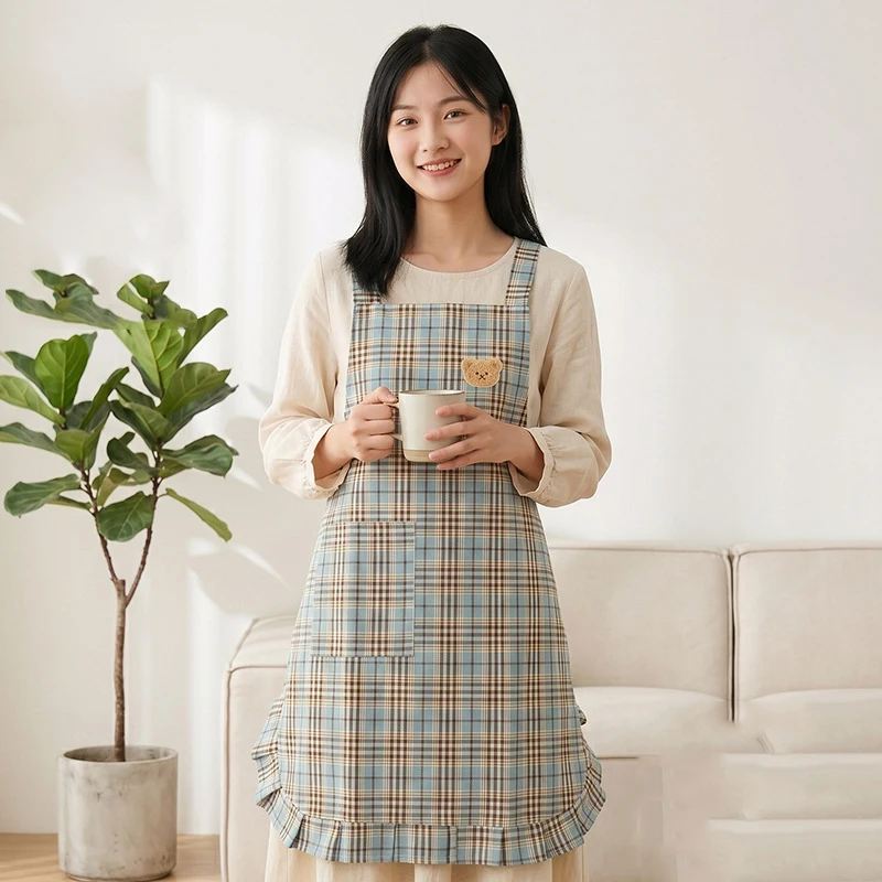 Women Vintage Plaid Kitchen Apron Cute Bear Patch Sleeveless H-Strap Back Tie Large Pocket Anti-oil Cooking Bib - view 5