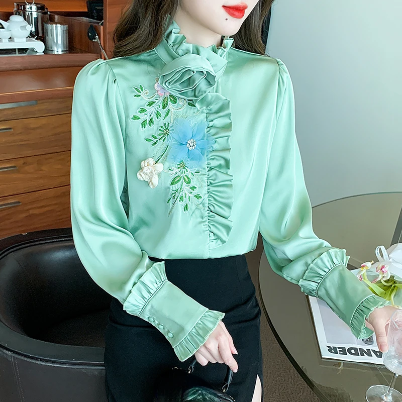 2024 Spring Fall Women Ruffled Appliques Flower Embroidery Green Imitation Silk Top Shirt , Woman Sweet Ladies Tops Shirts