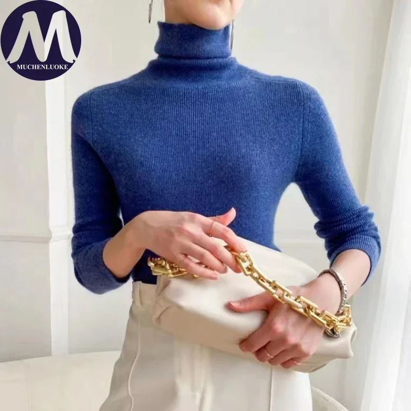 Sweter damski jesień zima nowy elegancki długi rękaw wysoki kołnierz dzianinowy sweter modny dopasowany obcisły sweter