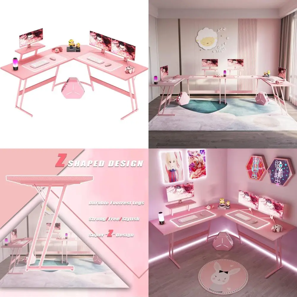 

Pink L-Shaped Desk with Large Monitor Stand for Gaming, Home Office, and Studying (57 Inch)