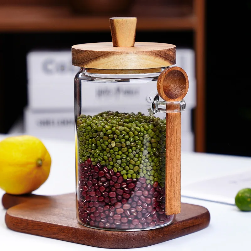 Tarro de vidrio hermético, contenedor de almacenamiento de alimentos para cocina, tarro para té, café, granos, sal, azúcar, tarros de especias con tapa de madera y cuchara