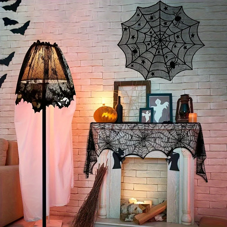 4Piece/Set Halloween Tablecloth Spider Web Fireplace Disposable Bat Spider Table Pulley Circular Tablecloth Lampshade Decoration